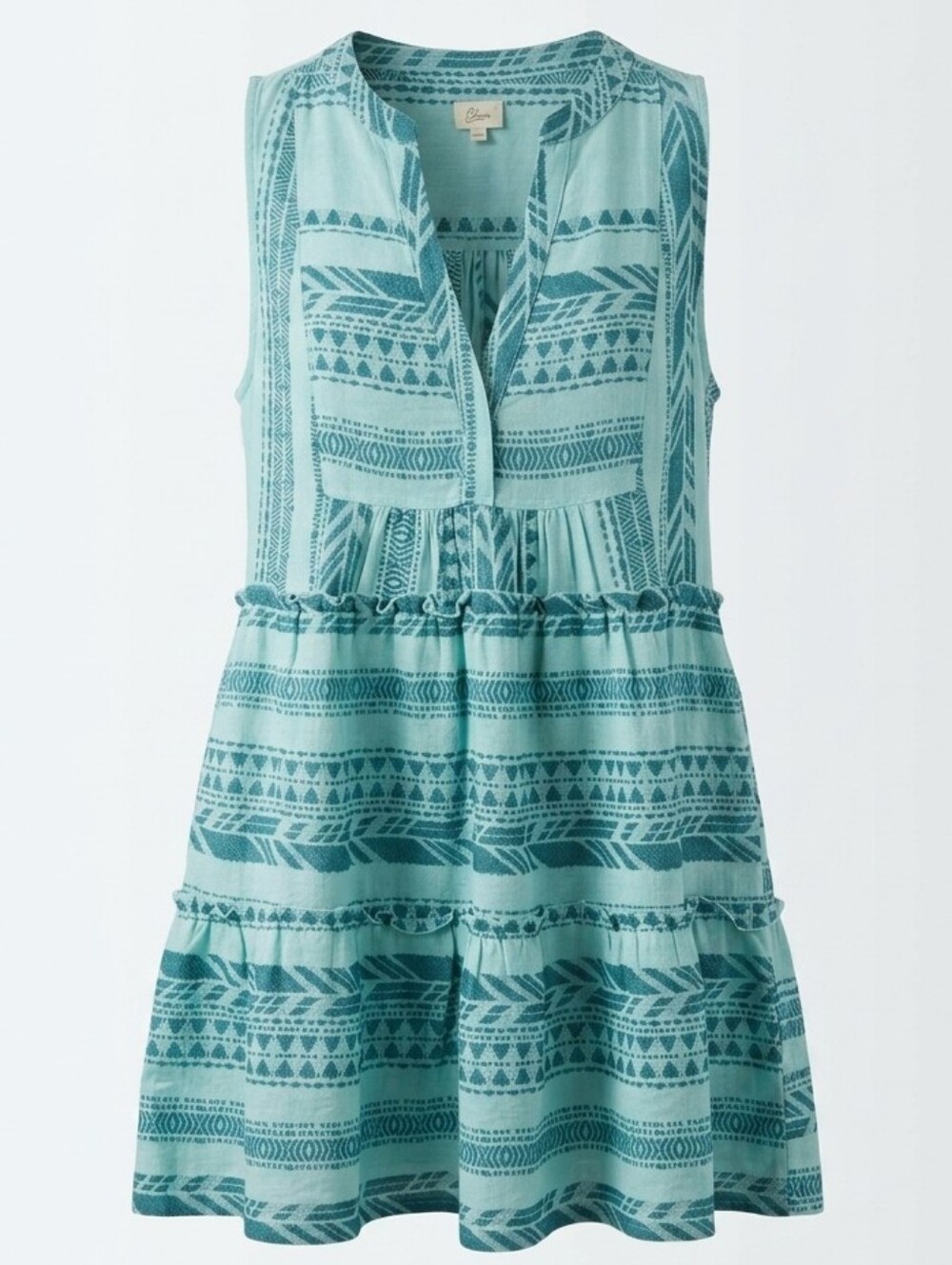 ​Elan Aztec Sleeveless Tiered Cotton Mini Dress Blue Embroidered Geometric Sz.L